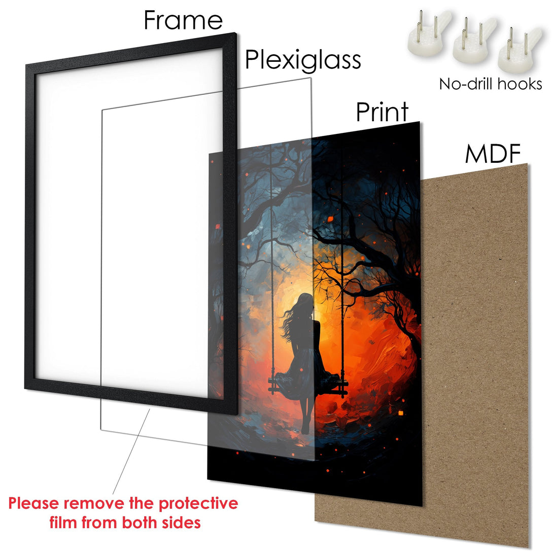 Framed Poster featuring a woman on a swing, vibrant orange & blue art print. Ready to hang!
