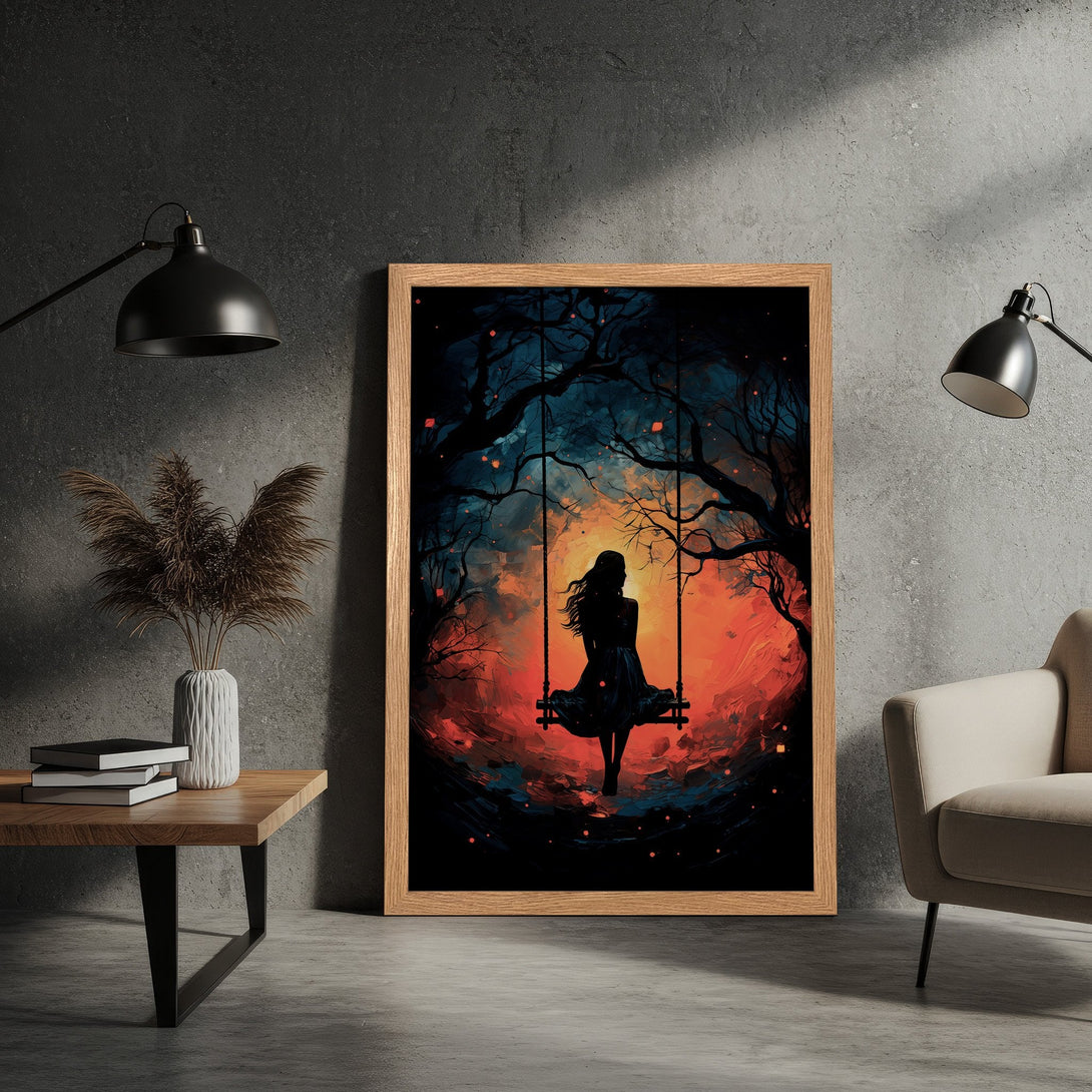 Framed Poster featuring a silhouette on a swing, in a dramatic, painterly style with a dark blue and orange color palette. Perfect wall art!