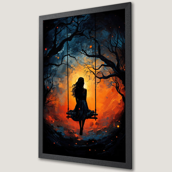 Framed Poster of a woman on a swing in a dreamy, painterly style. Features a dark blue, orange, and black color palette. Perfect wall art!