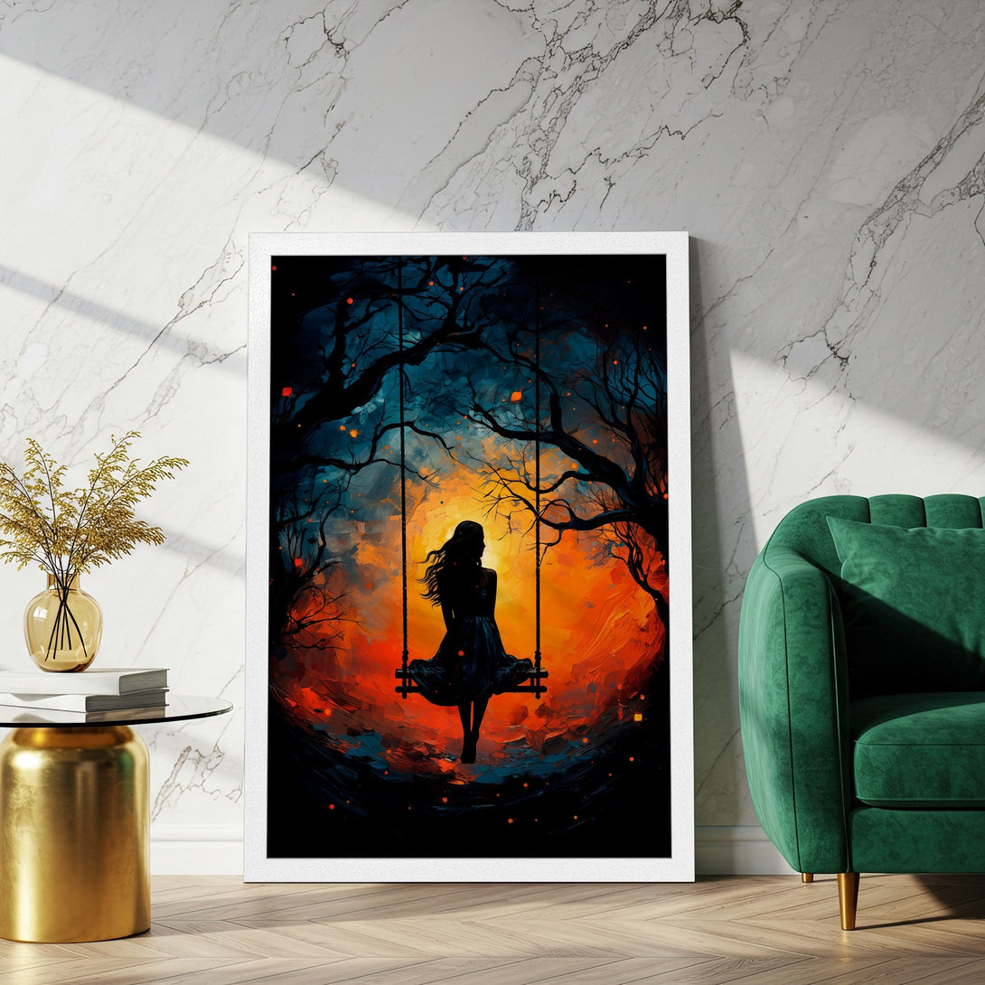 Framed Poster of a woman on a swing, impressionist style, with a warm orange and blue color palette. Perfect wall art for your home.