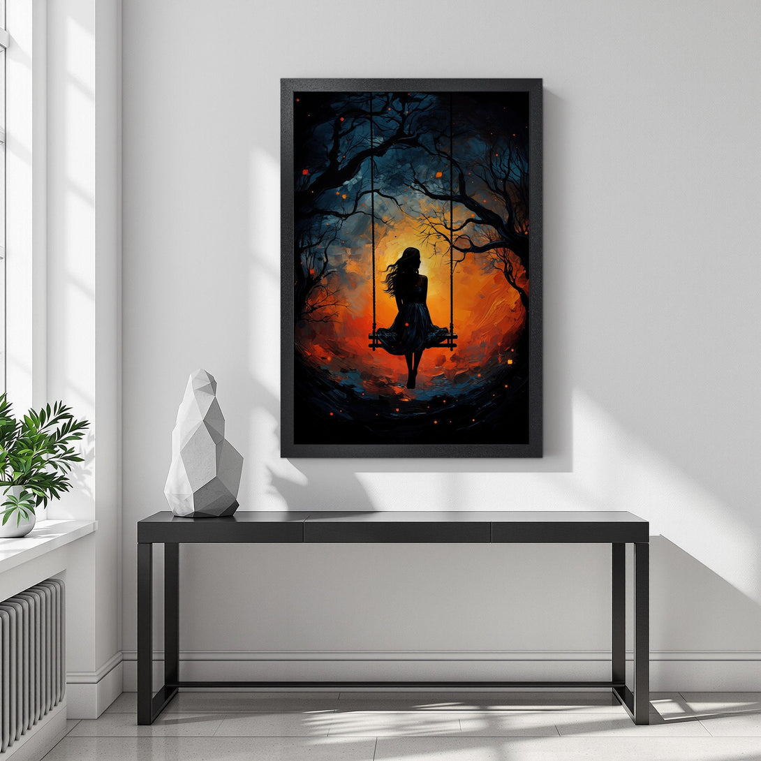 Framed Poster of woman on swing in a dreamy, painterly style. Features a warm orange and cool blue color palette. Perfect wall art!
