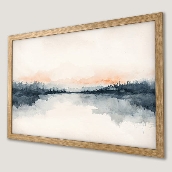 Framed Poster: Watercolor landscape art print in blue, gray, and orange tones. Perfect wall decor for any room.