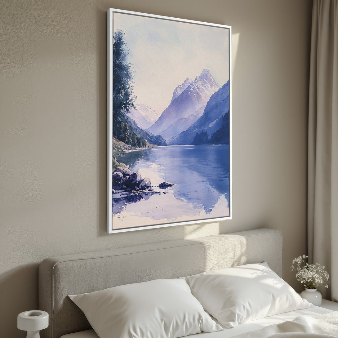 Framed Wall Art: Watercolor landscape Canvas Print of mountains and lake in blue and purple hues, perfect for bedroom decor.