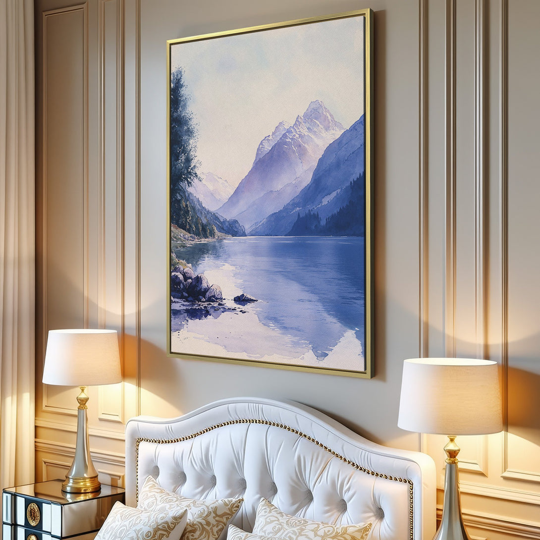 Canvas Print of a serene lake and mountain landscape in watercolor style, featuring a cool blue and purple color palette. Perfect wall art!