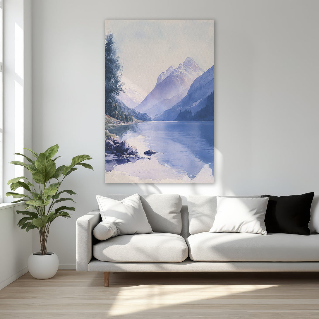 Framed Wall Art: Watercolor landscape Canvas Print with mountains, lake, and trees in a serene blue and purple palette. Perfect for bedroom decor.