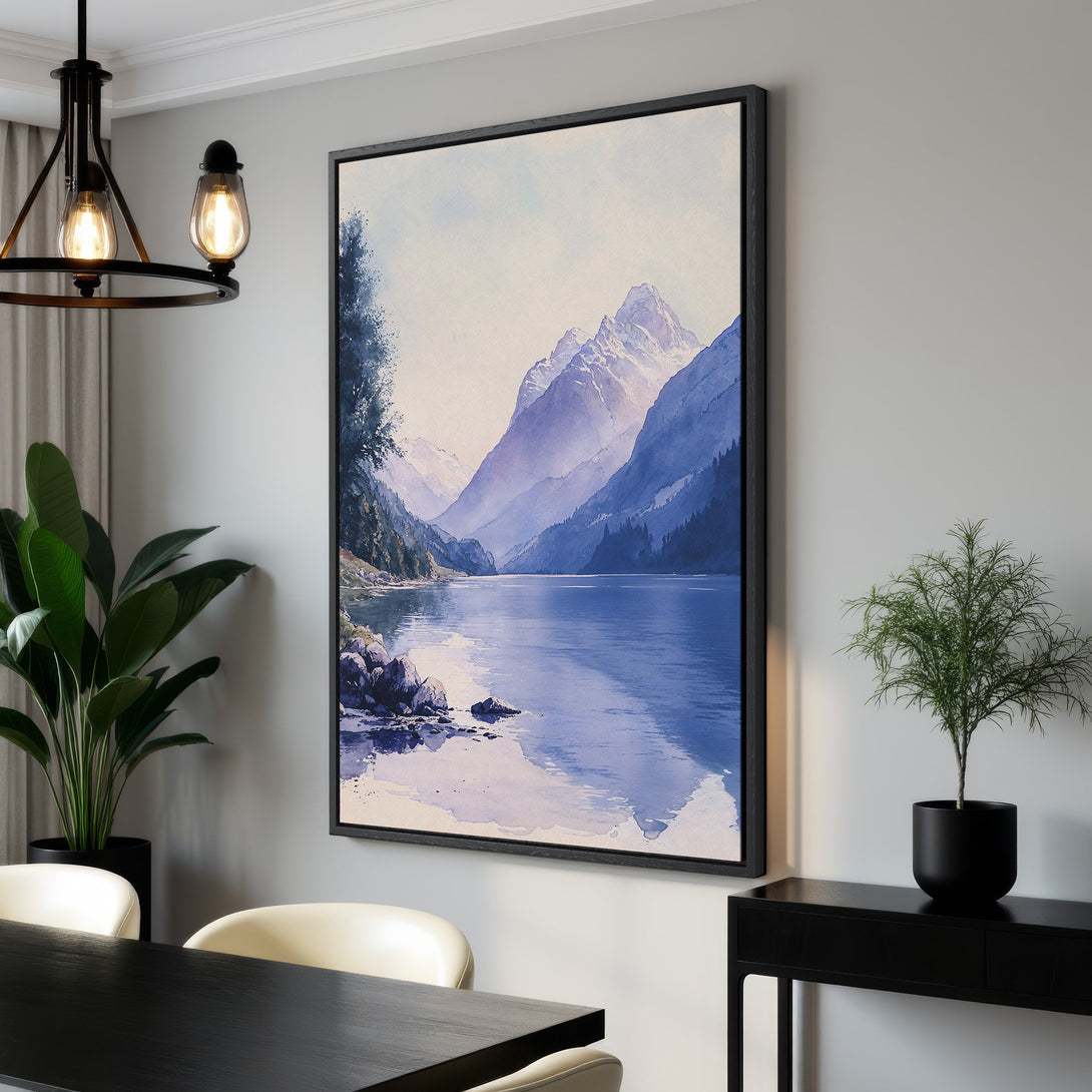 Framed Wall Art: Watercolor landscape Canvas Print with serene lake & mountain scene in cool blue & purple tones. Perfect for adding tranquility to your space.