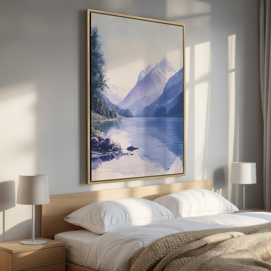 Framed Wall Art featuring a serene watercolor landscape of mountains and a lake, in a calming blue and purple palette. Perfect for bedroom decor.