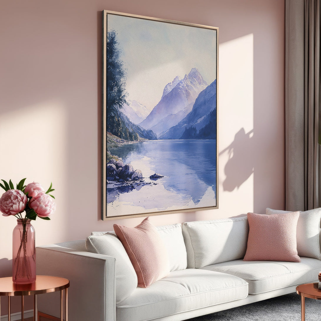 Framed Wall Art: Serene watercolor landscape print in blue and purple hues, perfect for adding a touch of tranquility to your living room. Shop now!