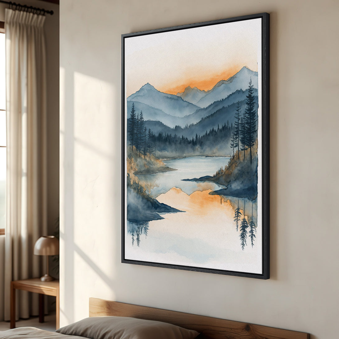 Framed Wall Art: Watercolor landscape Canvas Print in blue and orange tones, perfect for adding a touch of nature to your home decor.