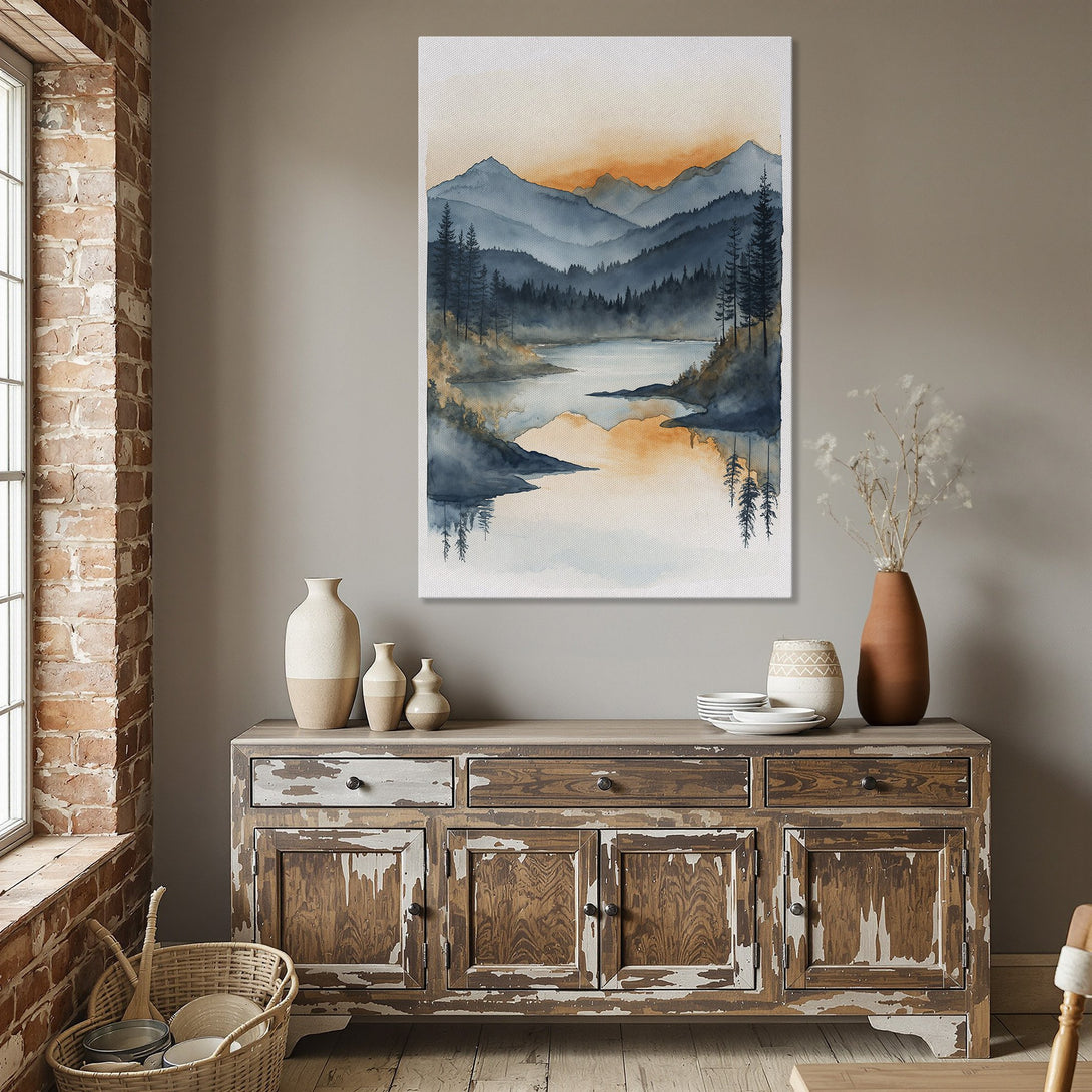 Framed Wall Art: Watercolor landscape Canvas Print with mountains, lake, and trees in blue, orange, and neutral tones. Perfect for home decor.