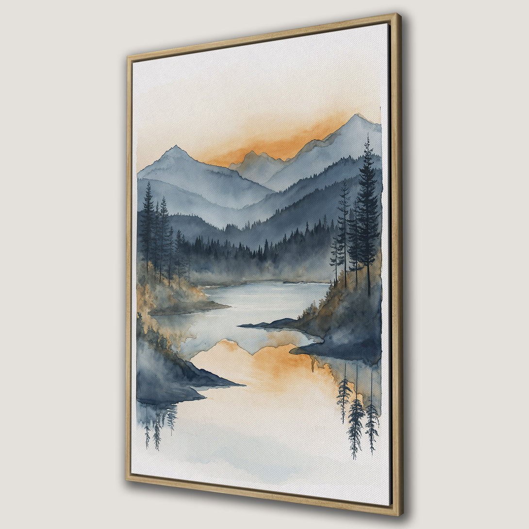 Framed Wall Art: Watercolor landscape Canvas Print with mountains, lake, and trees in blue and orange hues. Perfect for nature lovers!