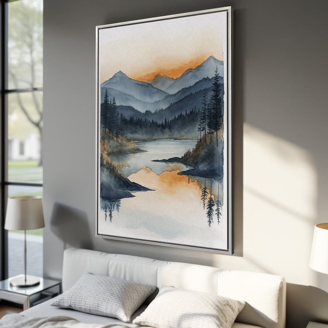 Framed Wall Art: Watercolor landscape Canvas Print with mountains, lake, & trees. Blue & orange color palette, perfect for modern home decor.