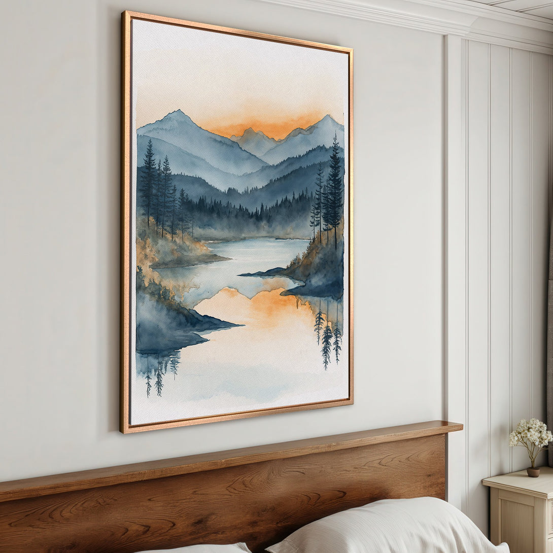 Framed Wall Art: Watercolor landscape Canvas Print with blue and orange hues. Serene mountain and lake scene, perfect for adding a touch of nature to your home decor.