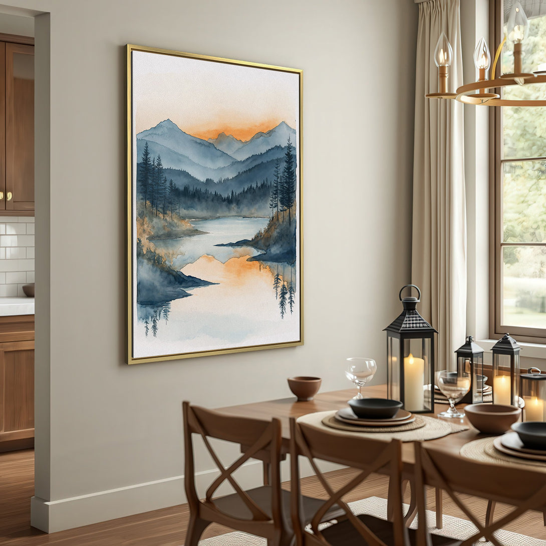 Canvas Print of a watercolor landscape painting in a rustic interior. Features a mountain scene in blue and orange hues, perfect wall art.