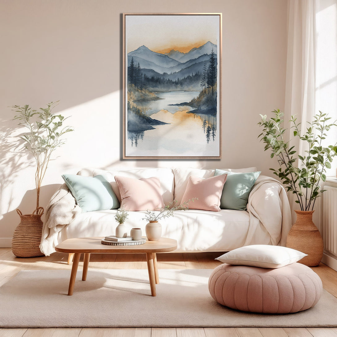 Framed Wall Art: Serene watercolor mountain landscape in blue and gold hues. Perfect for adding a touch of nature to your home decor. Shop now!