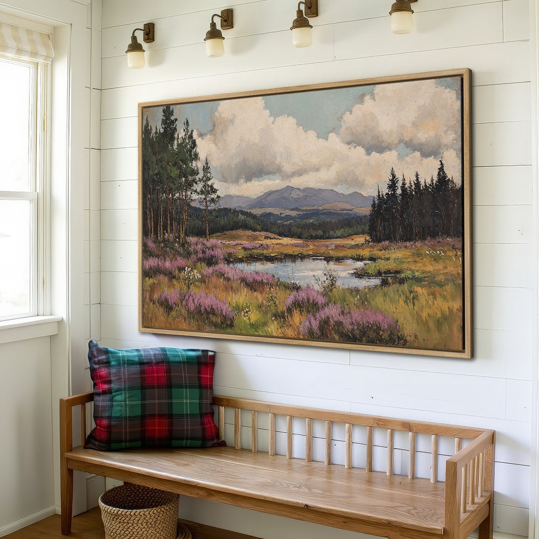 Framed Wall Art: Landscape Canvas Print with a serene meadow scene in a rustic style. Featuring a warm color palette with greens, purples, and browns.