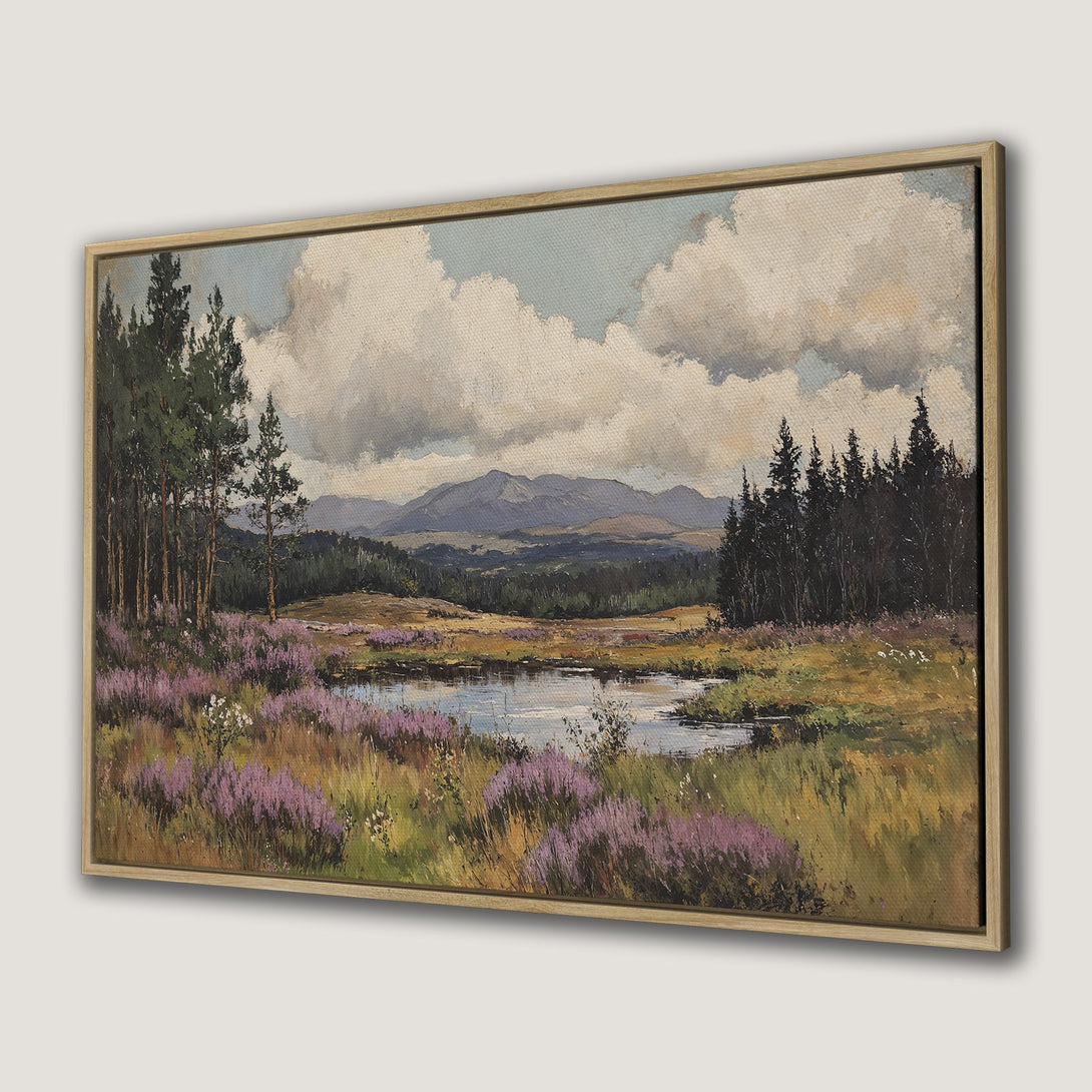 Framed Wall Art: Landscape Canvas Print. Impressionistic painting of a serene lake scene with purple flowers, green grass, and a muted color palette. Perfect wall decor.