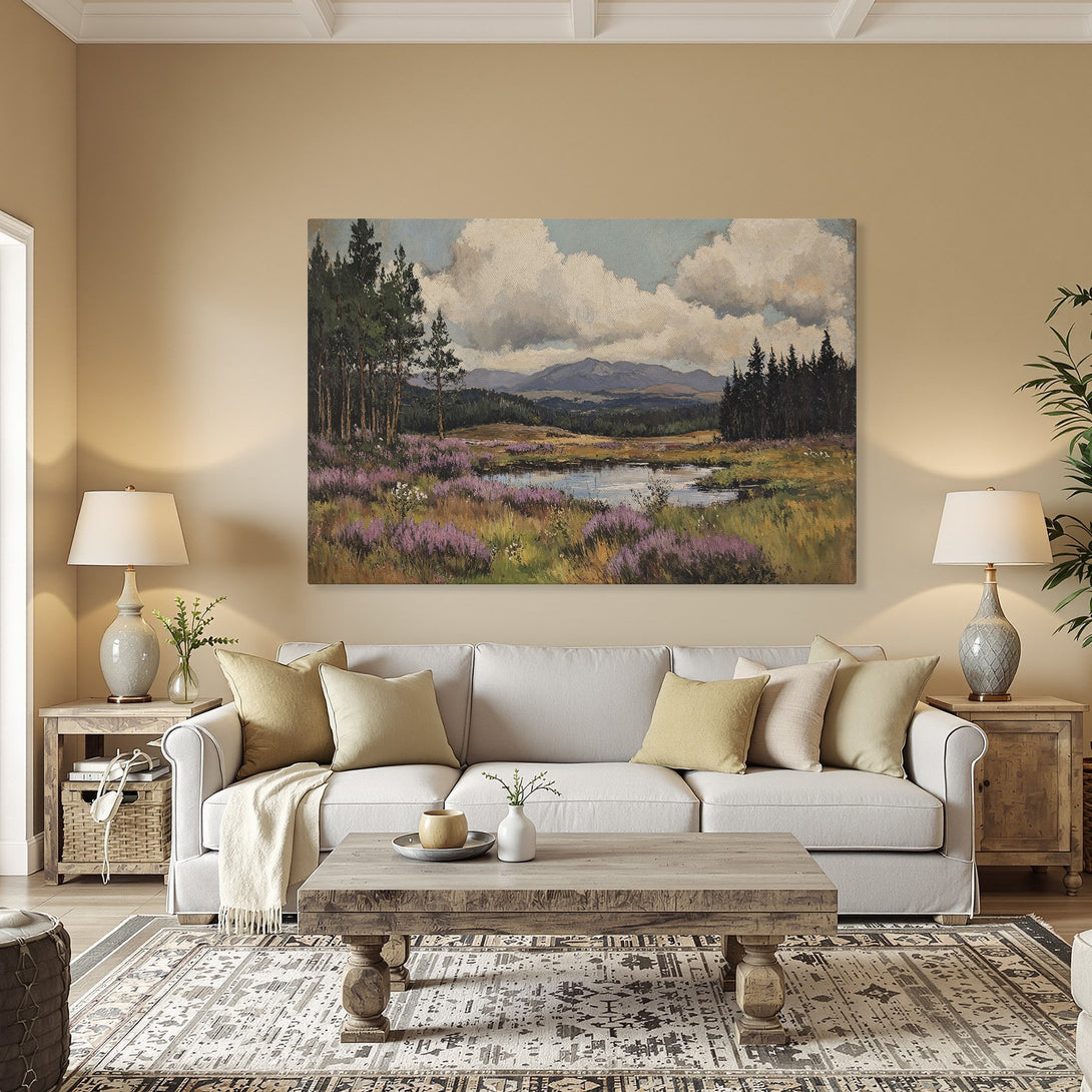 Framed Wall Art: Landscape painting with a serene lake scene. Earthy tones with pops of purple and green. Perfect for adding a touch of nature to any room.