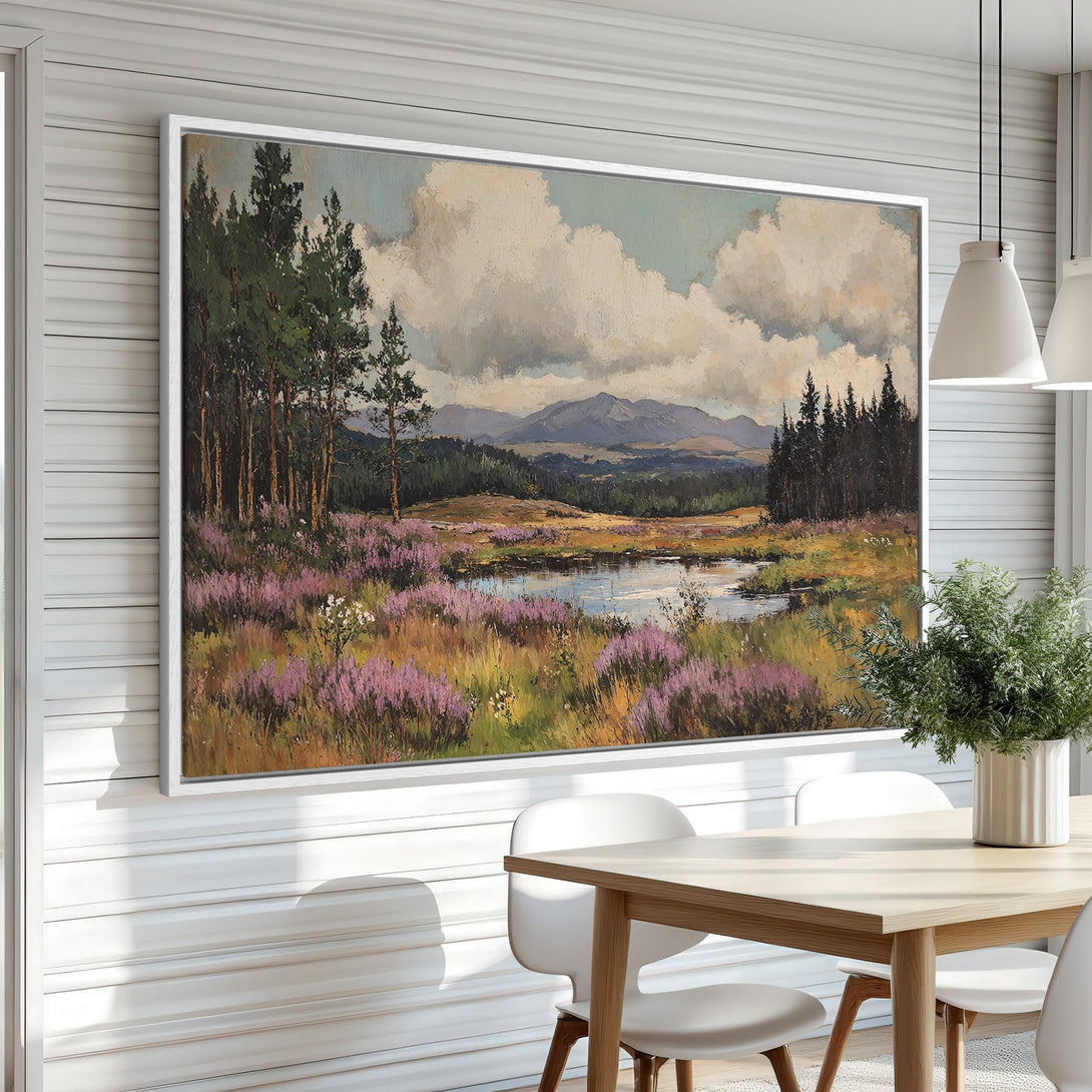 Framed Wall Art: Landscape Canvas Print with vibrant purple heather & mountain scene. Earthy tones create a serene, classic aesthetic for your home decor.