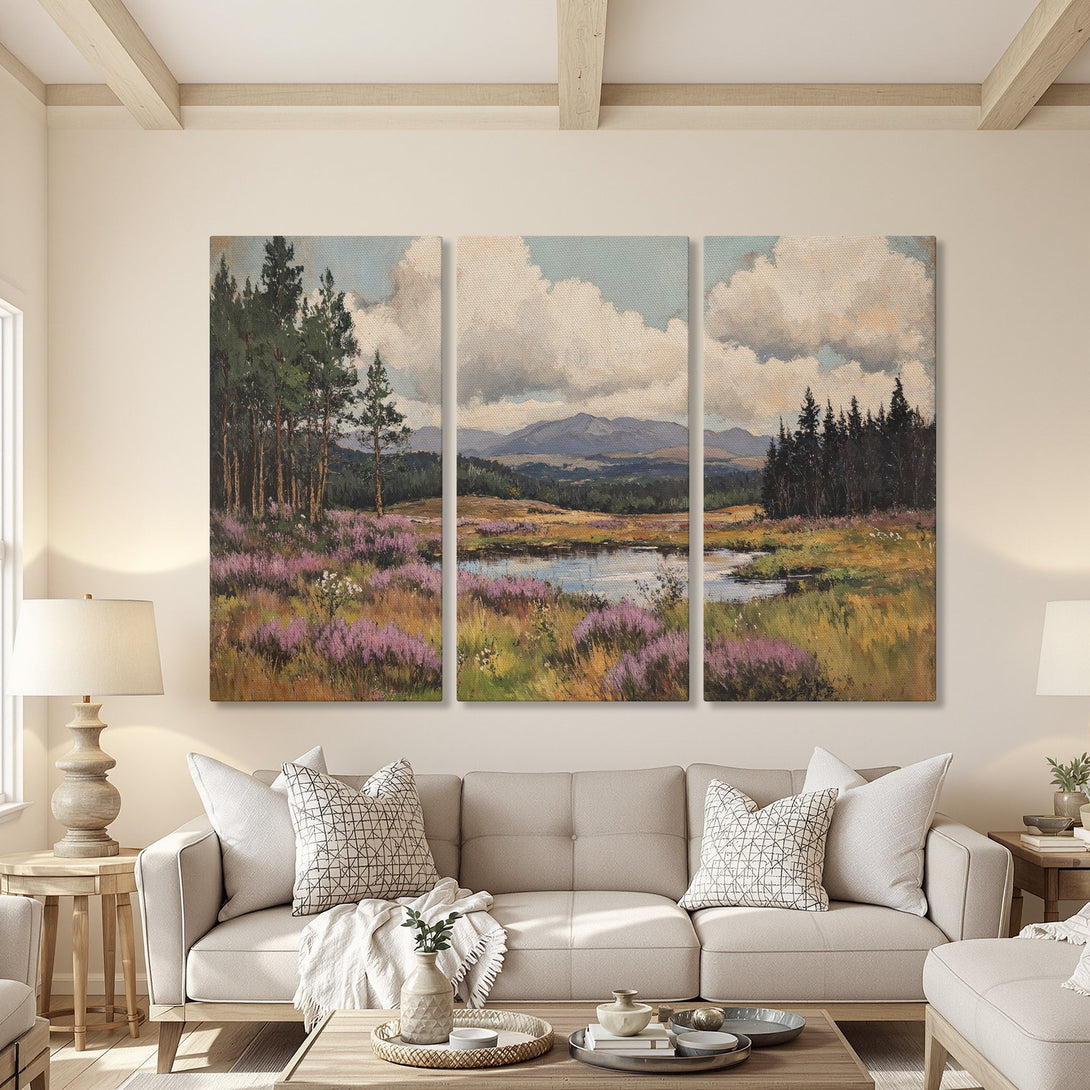 Canvas Print of a serene landscape painting in a neutral-toned living room. Features a calming color palette of greens, blues, and purples.