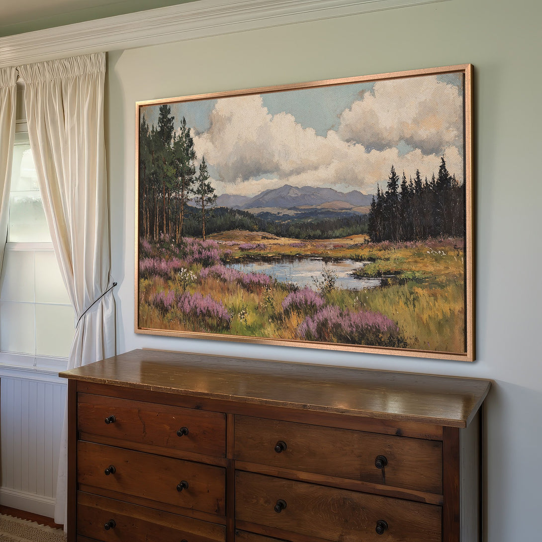 Framed Wall Art: Landscape Canvas Print with a serene meadow scene in a vintage style. Features a warm color palette of greens, purples, and browns.