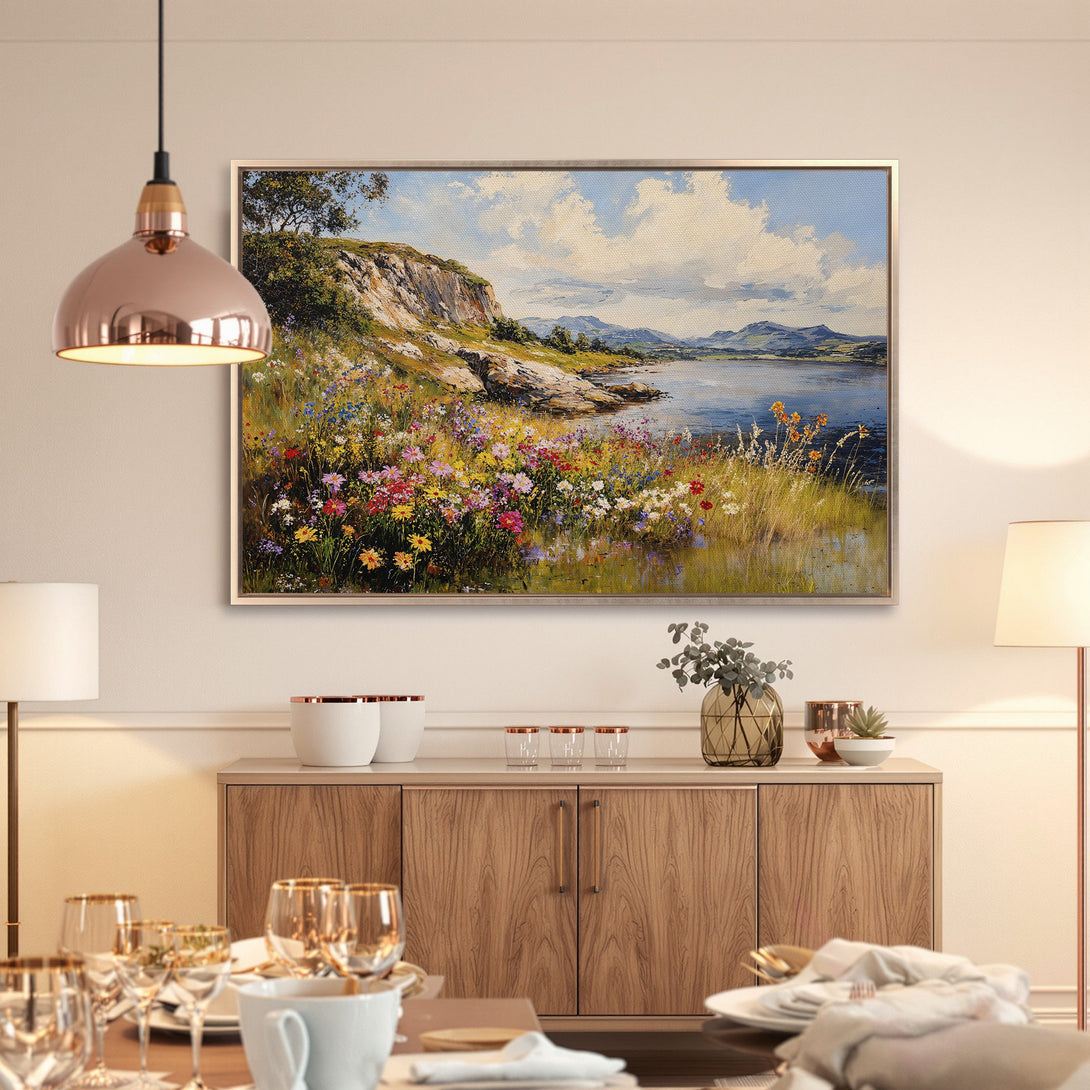 Framed Wall Art: Coastal landscape Canvas Print with vibrant wildflowers, blue water, and a warm, inviting color palette. Perfect for any room!