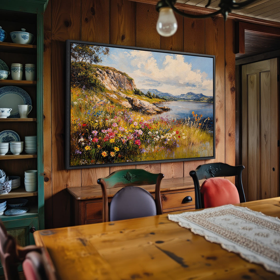 Framed Wall Art: Landscape Canvas Print with vibrant wildflowers & lake scene. Warm color palette, perfect for adding a touch of nature to your home decor.