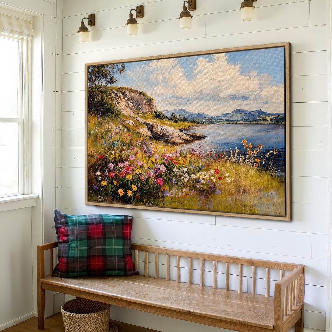 Framed Wall Art: Landscape Canvas Print with a colorful meadow & lake, displayed in a cozy interior. Featuring a blue, green, and yellow color palette.