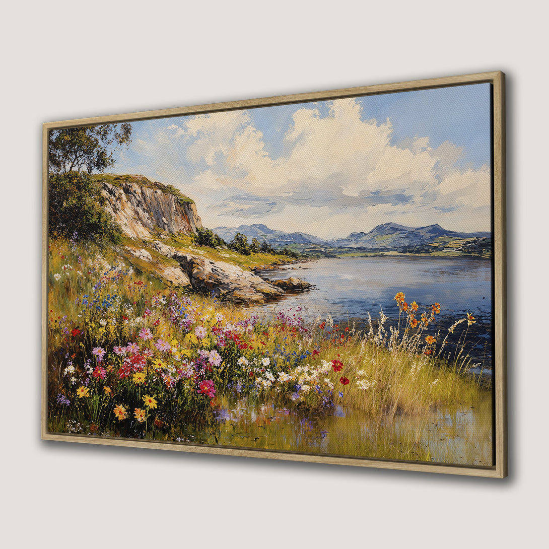 Framed Wall Art: Landscape canvas print of a vibrant floral meadow by a lake. Impressionistic style with a colorful palette of blues, greens, and yellows.