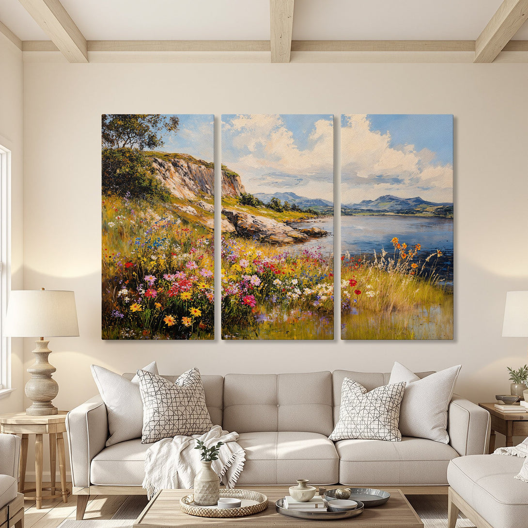 Canvas Print of a vibrant landscape painting with colorful wildflowers, a lake, and blue skies. Impressionistic style with a warm, inviting color palette.
