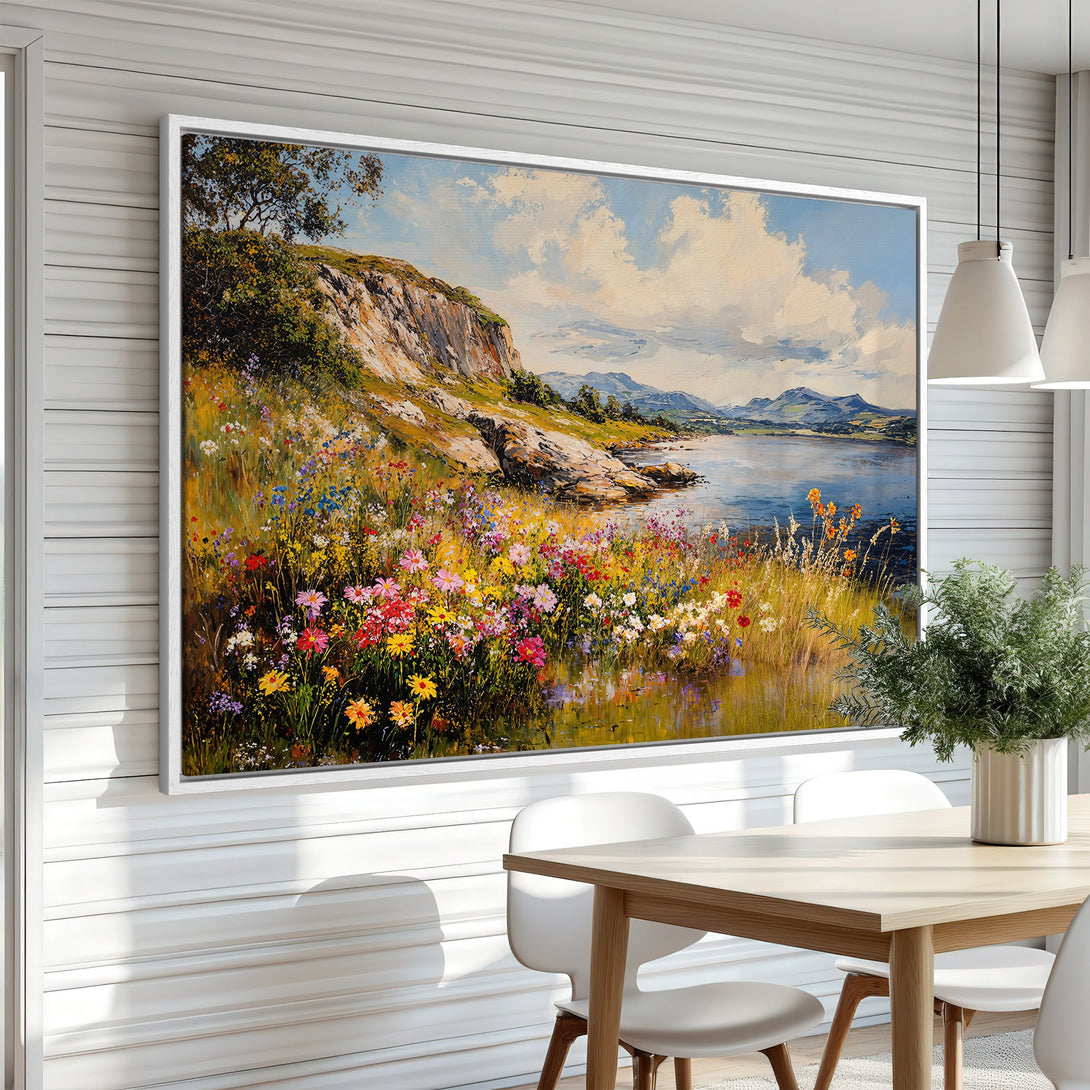 Framed Wall Art: Impressionist landscape Canvas Print with vibrant wildflowers, lake, and mountains. Warm, colorful palette for living room decor.