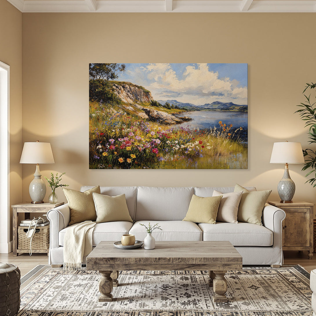 Framed Wall Art: Landscape Canvas Print with vibrant floral and lake scene. Beautiful blues, greens, and yellows brighten any room.