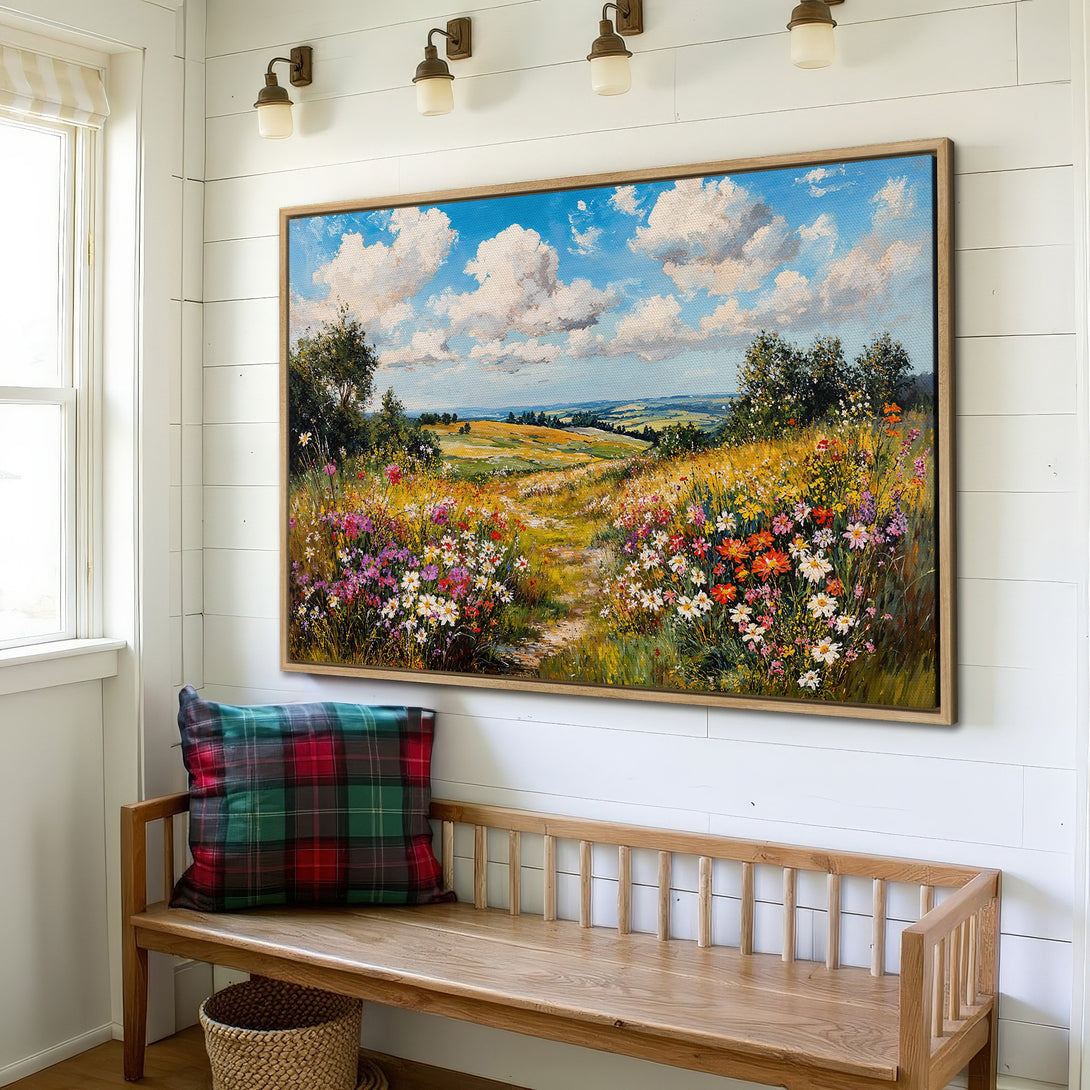 Framed Wall Art: Impressionist landscape Canvas Print with vibrant wildflowers, blue skies, and a warm, inviting color palette. Perfect for any home!