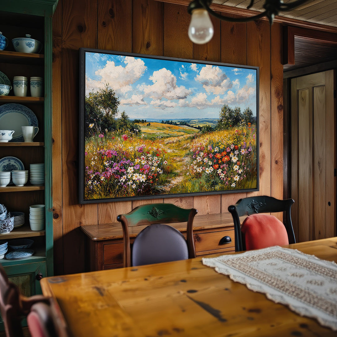 Framed Wall Art: Landscape Canvas Print featuring a vibrant meadow with colorful flowers under a blue sky. Perfect for adding a touch of nature's beauty.