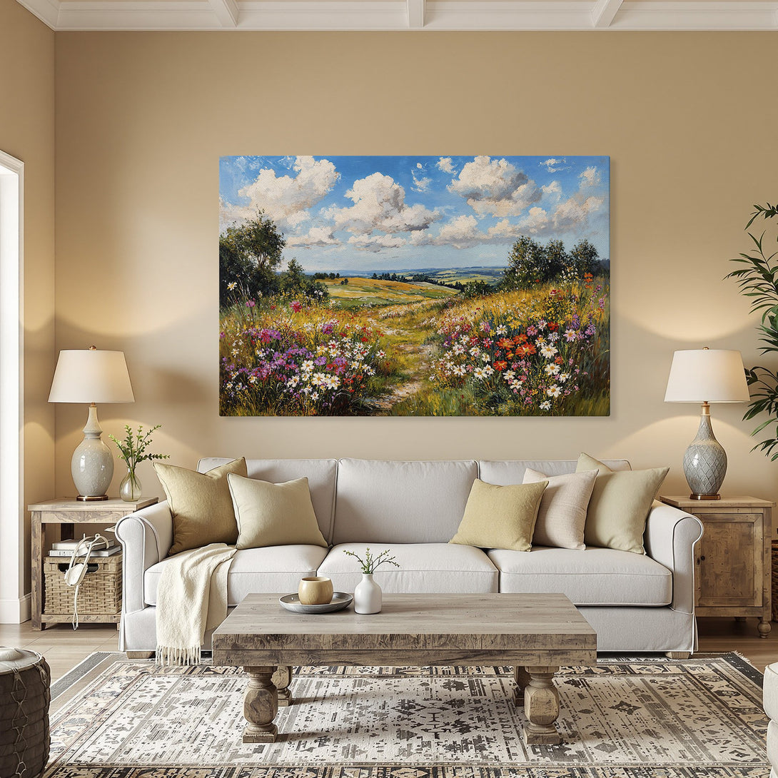 Framed Wall Art: Impressionist landscape Canvas Print with vibrant wildflowers, blue sky, and a warm color palette. Perfect for any interior!