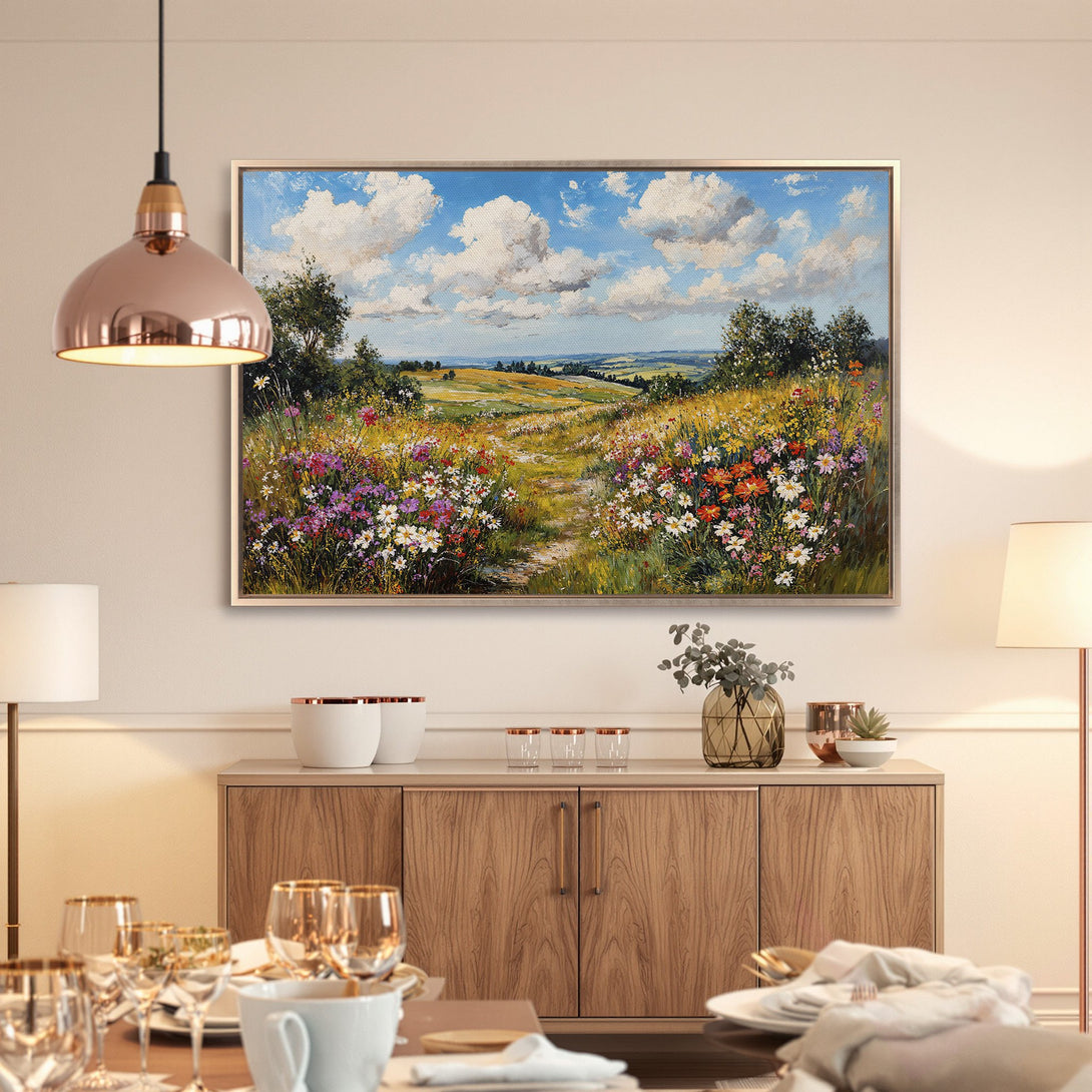 Framed Wall Art: Impressionist landscape Canvas Print with vibrant wildflowers and blue sky, perfect for adding a touch of nature to your home.