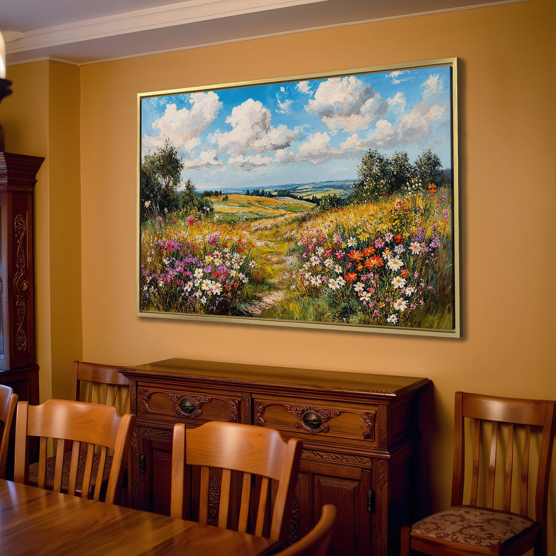 Canvas Print of a vibrant landscape painting with a blue sky, wildflowers, and a warm, inviting color palette. Perfect for home decor!