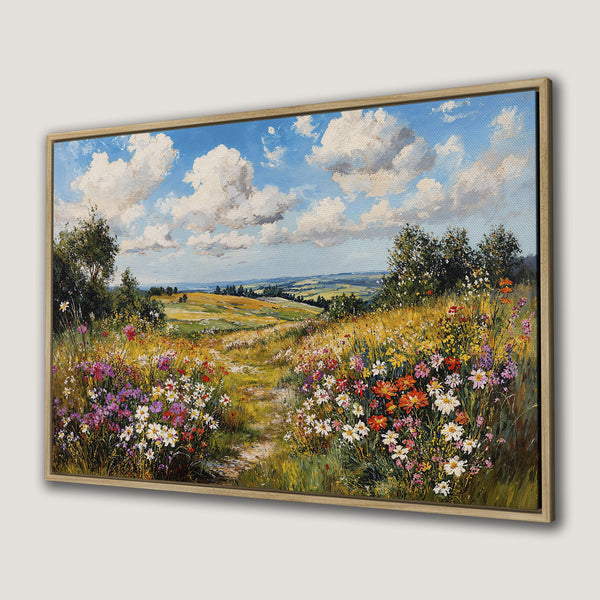 Canvas Print of a vibrant landscape painting featuring wildflowers, a path, and blue sky. Impressionistic style with a warm, colorful palette.
