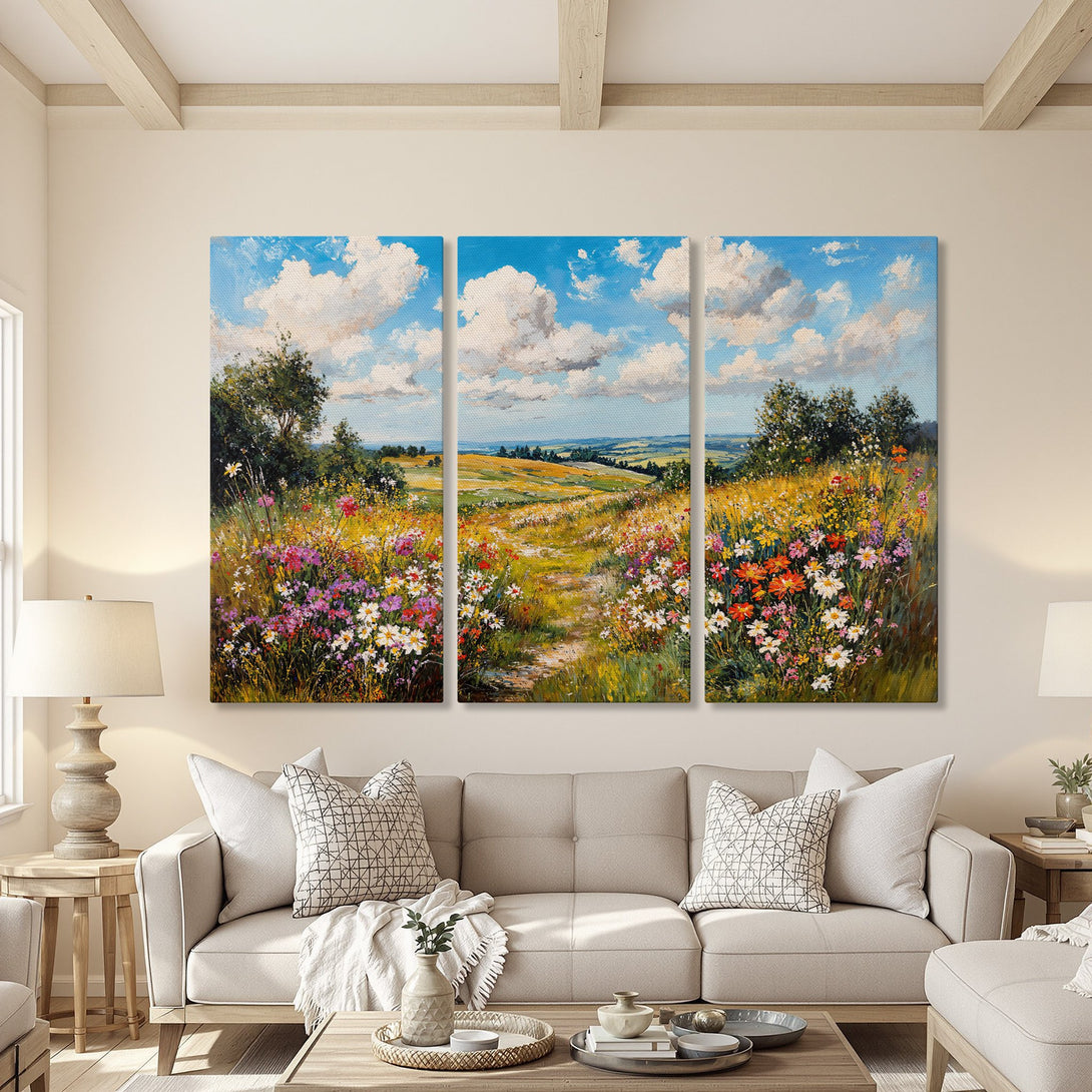 Canvas Print of a vibrant wildflower field painting. Impressionistic style with blue sky, colorful flowers, and a warm, inviting palette.