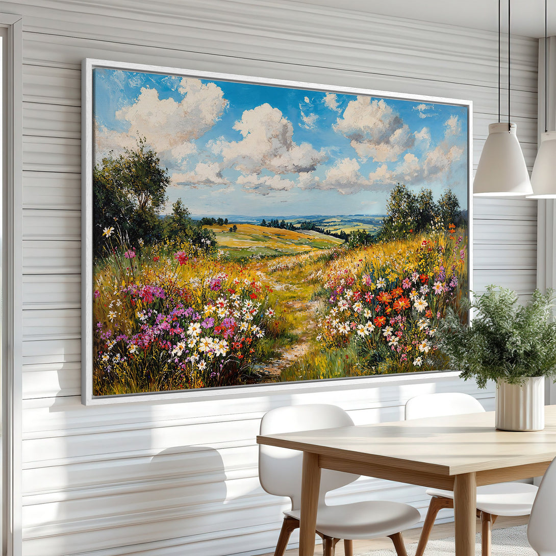 Framed Wall Art of a vibrant wildflower meadow landscape. Impressionistic style with a warm, colorful palette. Perfect for adding a touch of nature.