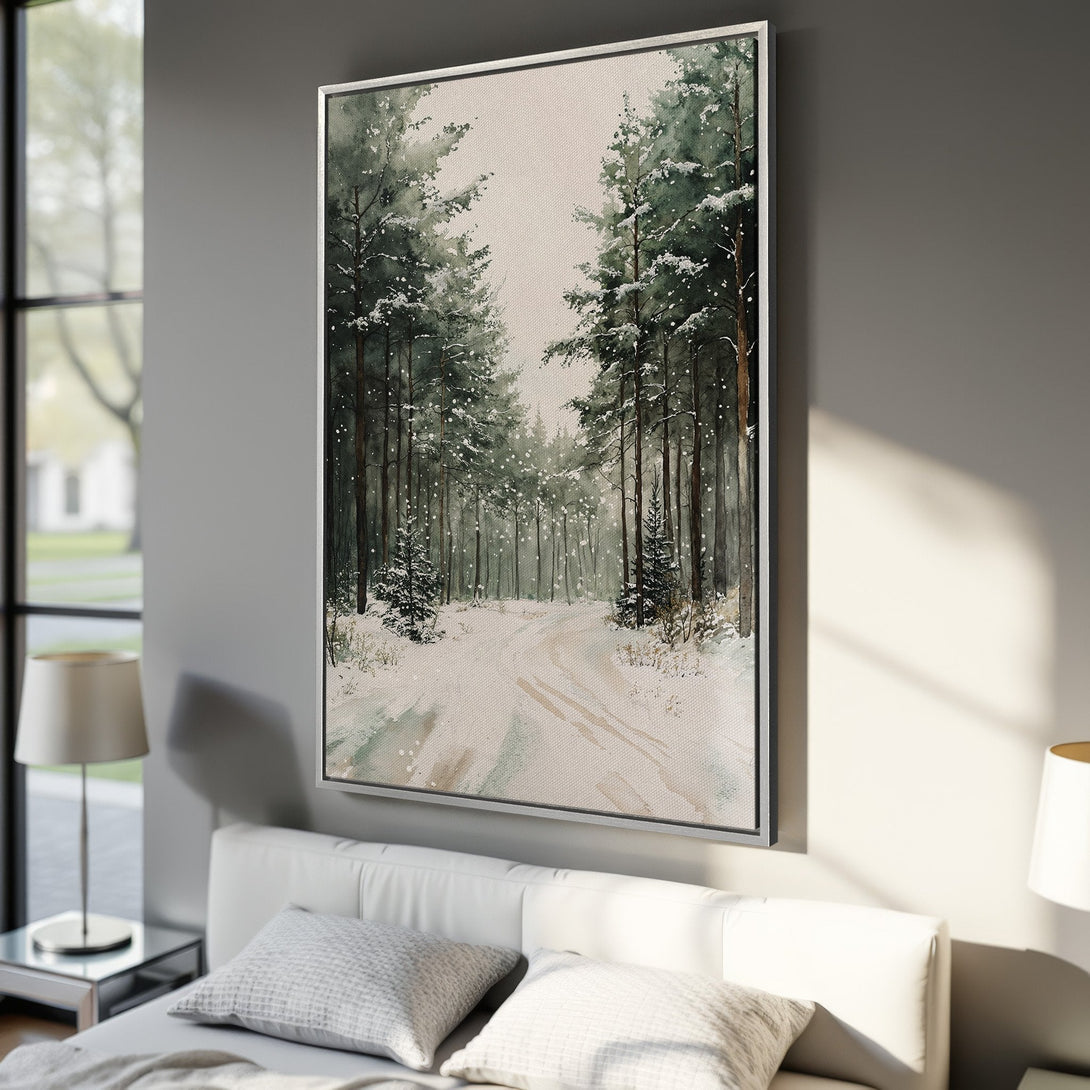 Framed Wall Art: Watercolor winter forest scene in green and white. Serene landscape canvas print perfect for bedroom decor. Add a touch of nature!