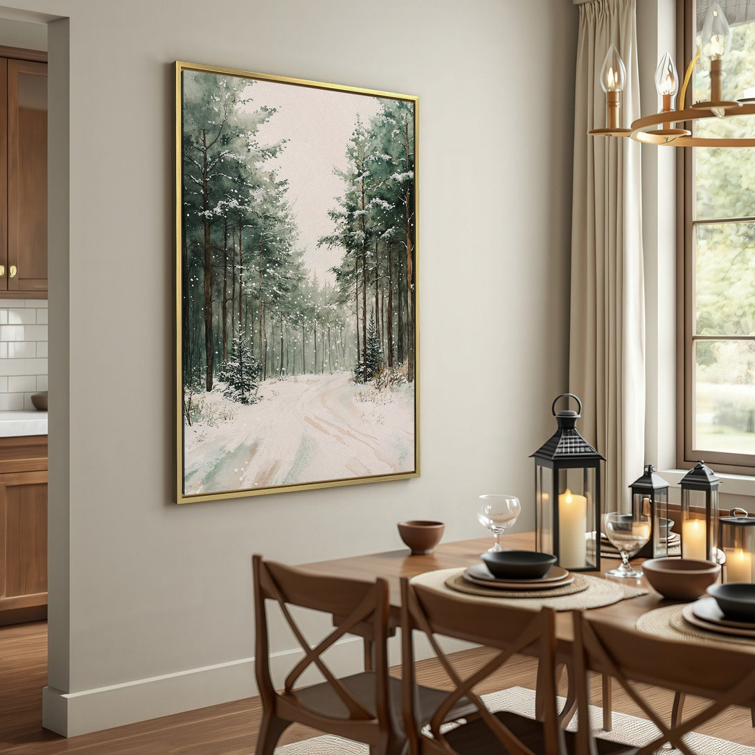 Canvas Print of a snowy forest watercolor painting in neutral tones, perfect for adding a touch of nature to your home decor.