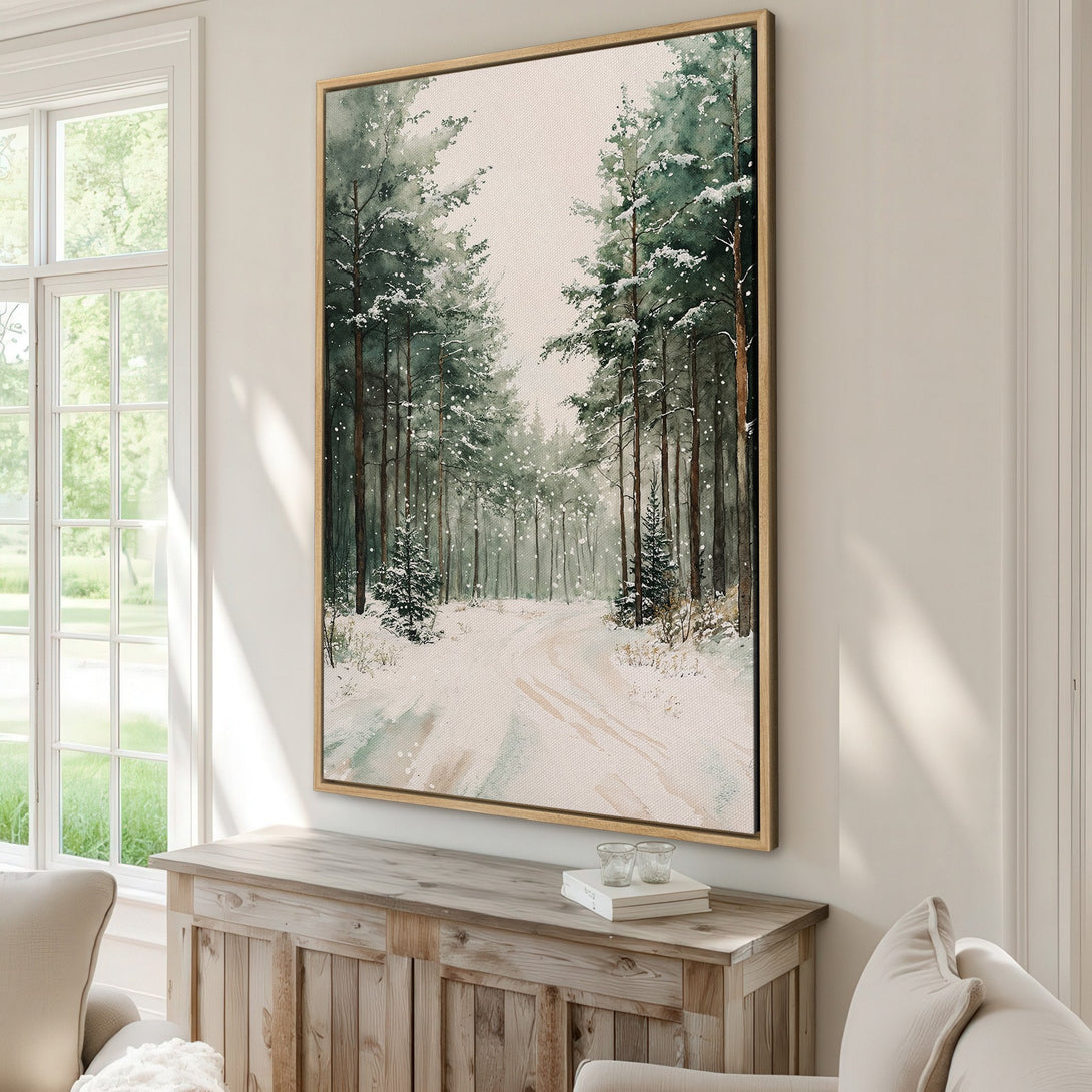 Framed Wall Art: Watercolor winter forest scene in muted greens and whites. Bring the beauty of nature into your home with this serene canvas print.