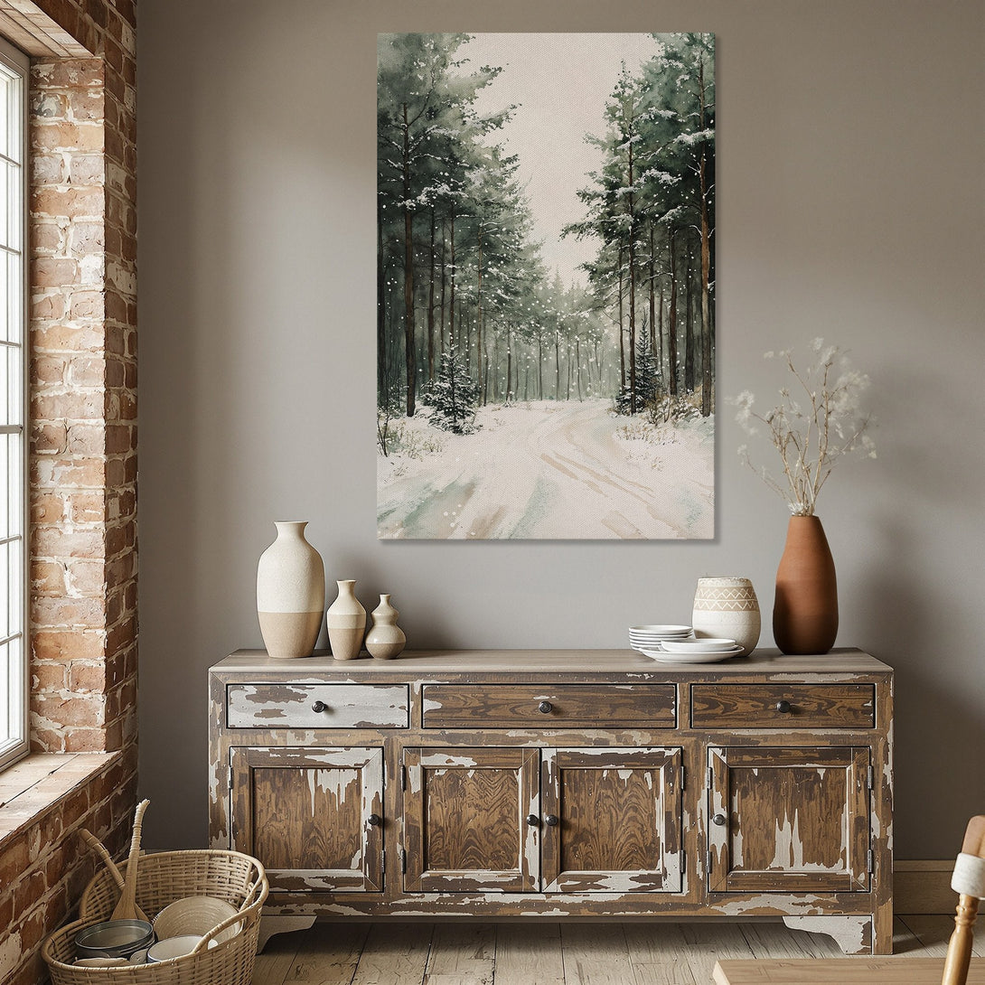 Framed Wall Art: Watercolor forest scene in cool green and white tones. Adds a touch of nature to any dining room. Perfect for winter decor.