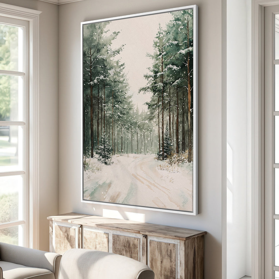 Framed Wall Art Canvas Print of a snowy forest scene in watercolor style. Features a serene winter landscape with a muted green and white color palette.