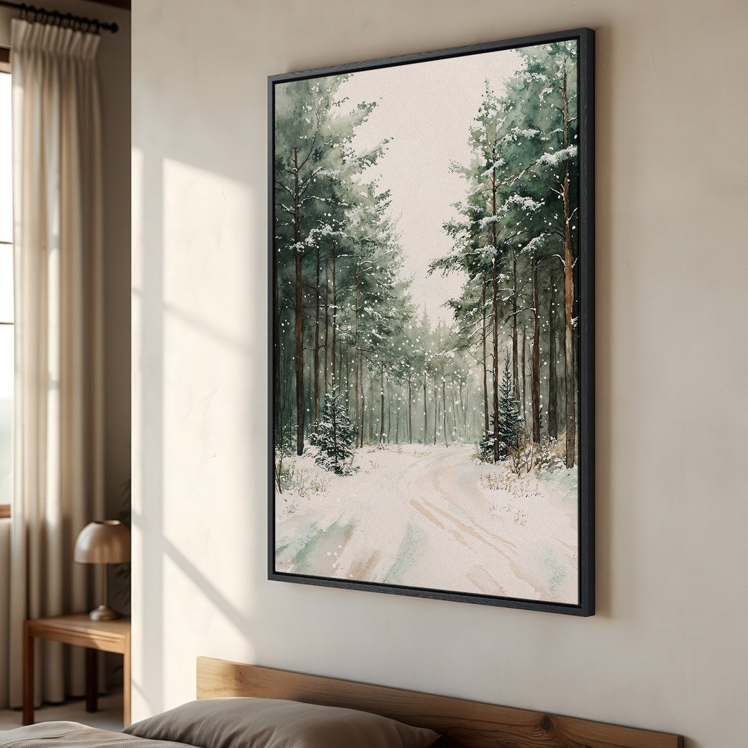 Framed Wall Art: Watercolor forest scene in muted greens and beige. Bring nature's beauty indoors with this serene Canvas Print. Perfect for any room!