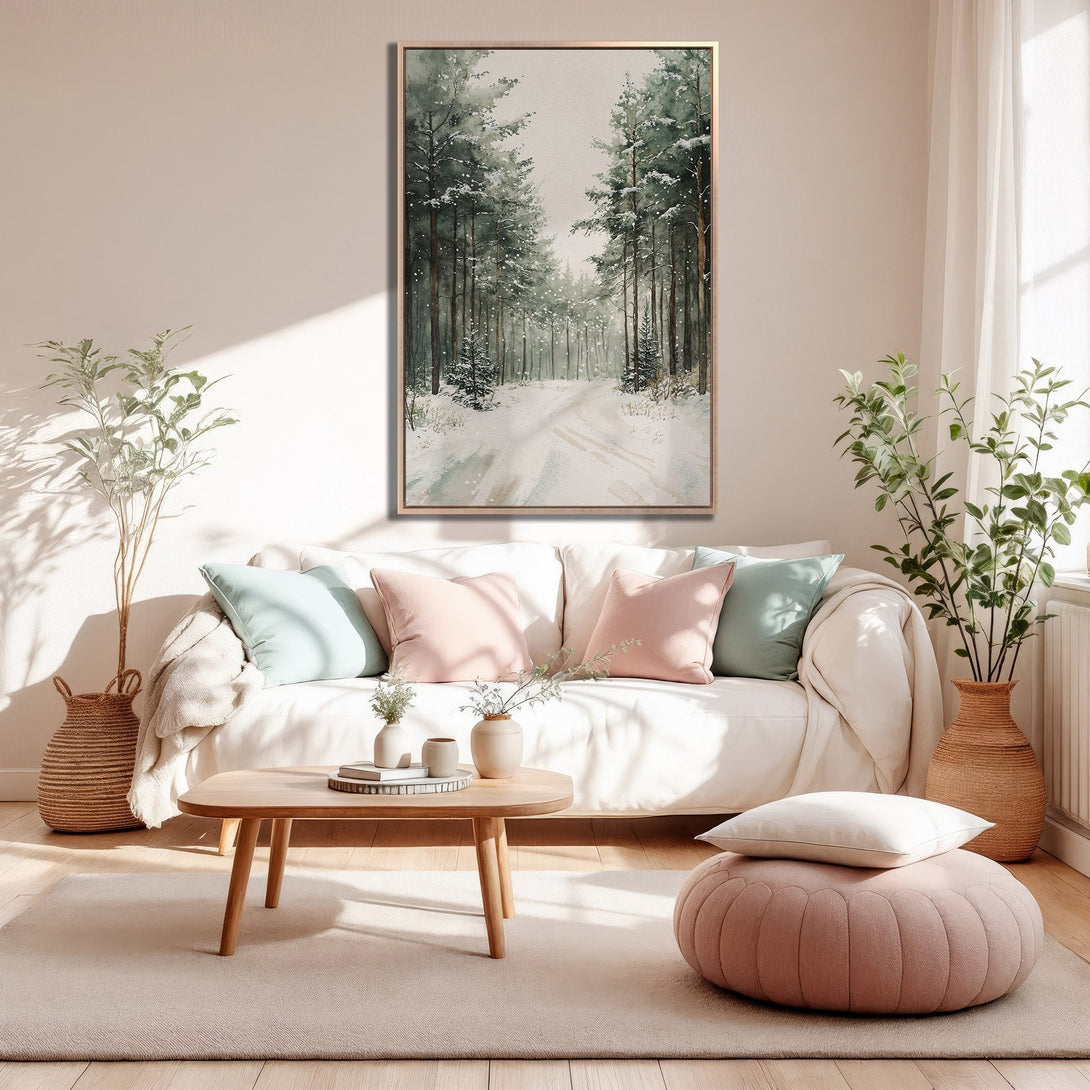 Framed Wall Art: Watercolor winter forest scene in muted greens & whites. Perfect for adding a touch of nature to your living room decor.