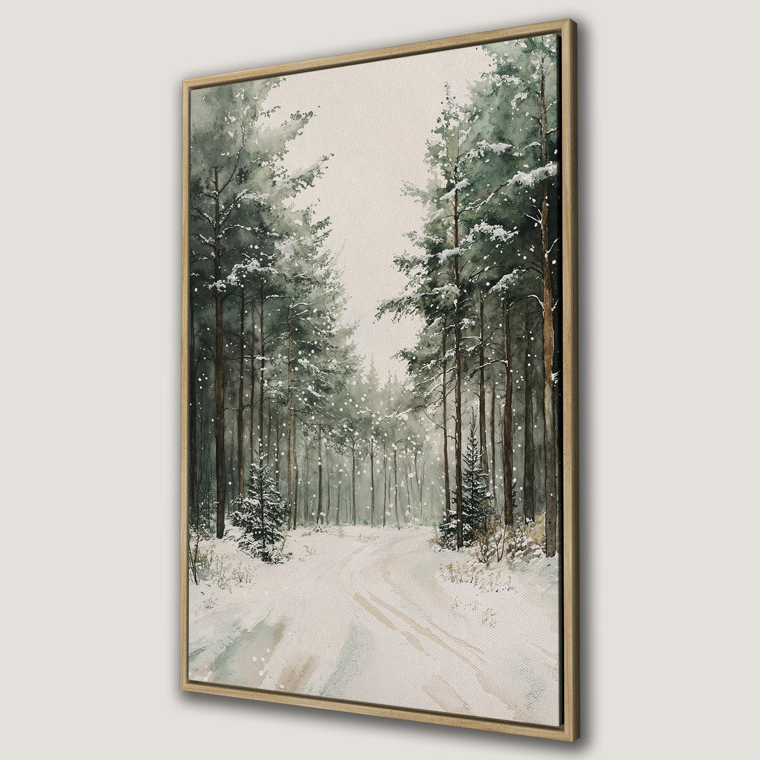 Framed Wall Art: Watercolor winter forest scene in green and neutral tones. Bring the serene beauty of nature into your home!