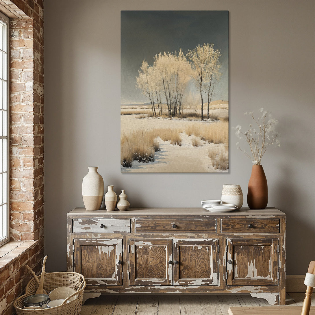 Framed Wall Art: Winter landscape Canvas Print with neutral tones and gold frame. Perfect for adding a touch of nature to your dining room decor.