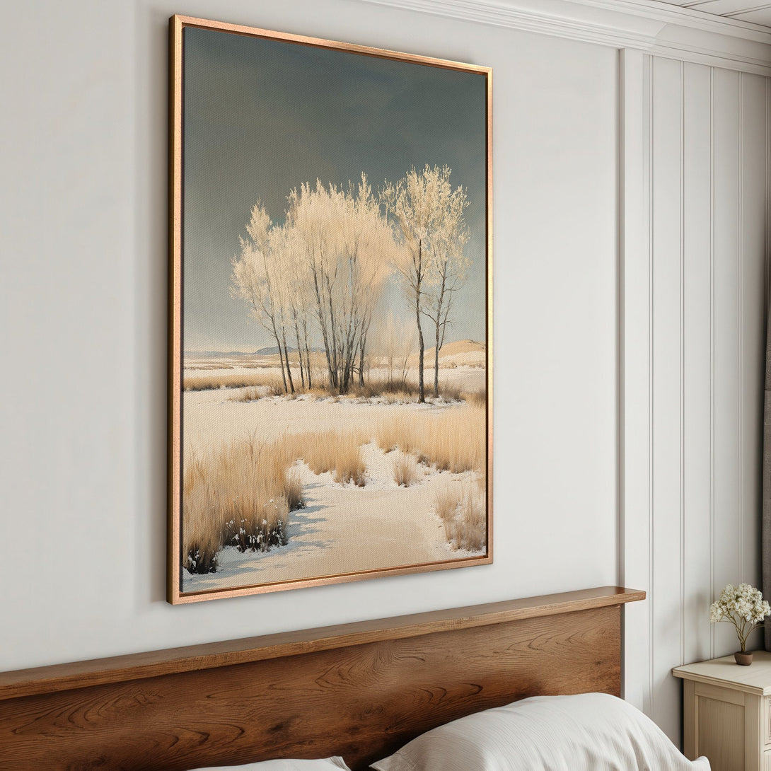 Framed Wall Art: Winter landscape Canvas Print with muted colors. Bring the serene beauty of nature into your home with this stunning artwork.